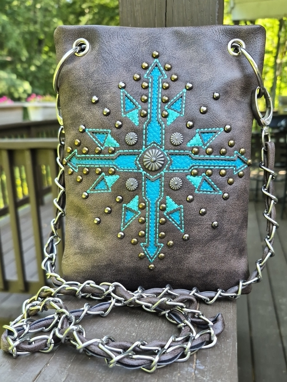 P&G Brown Faux leather Turquoise studded moto Western crossbody Chain Strap bag